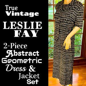 ▪️VTG▪️LESLIE FAY▪️2-Piece Abstract Geometric Black & Tan Dress & Jacket Set